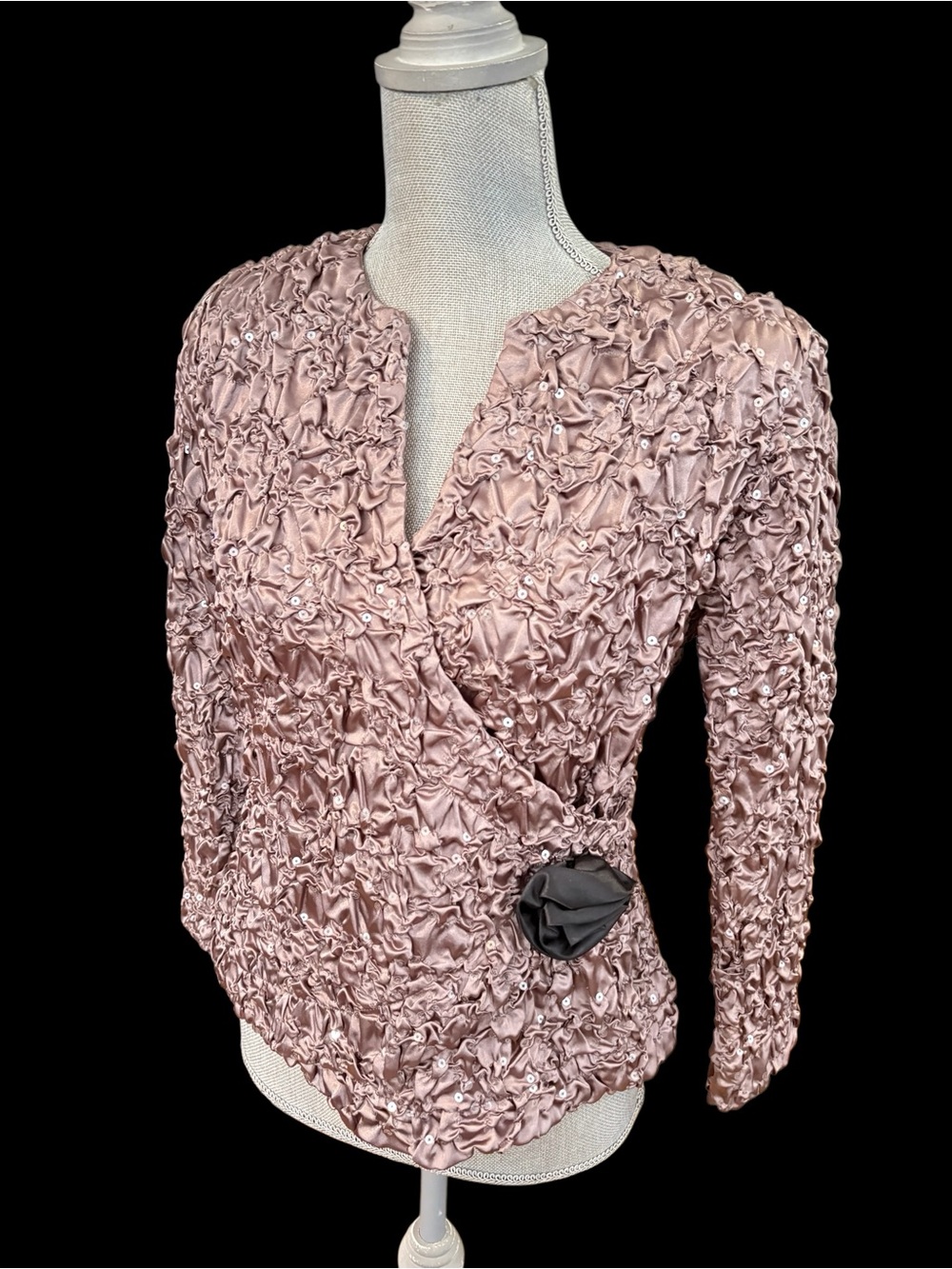 Cachet Dusty Pink Ruched Satin Wrap Blouse with Flower Accent